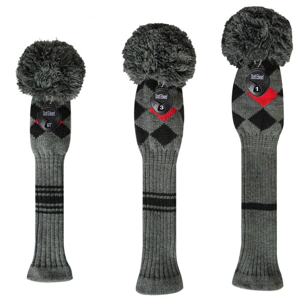 Black Grey Red Argyle Knit Golf Headcover Set - HeadcoversOnline.com