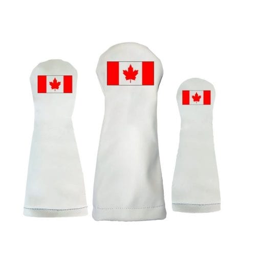 Canadian Flag Golf Headcovers available in set of 3 or individually in driver, fairway and hybrid sizes. Made of high quality Dura-Leather with elastic waistband for a secure fit. Driver fits clubs up to 460cc.