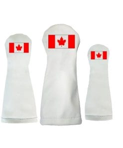 Canadian Flag Golf Headcovers available in set of 3 or individually in driver, fairway and hybrid sizes. Made of high quality Dura-Leather with elastic waistband for a secure fit. Driver fits clubs up to 460cc.